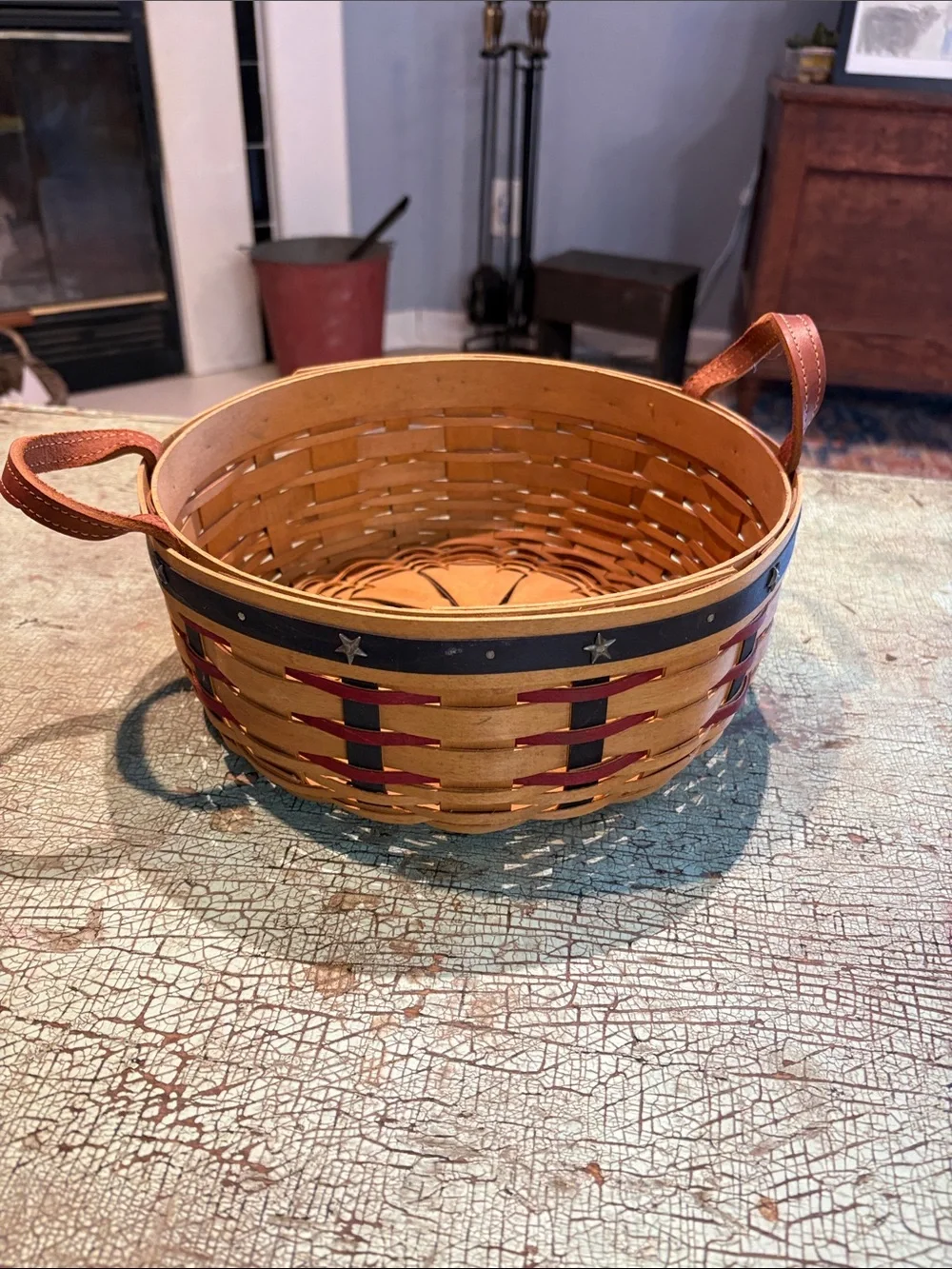Longaberger Proudly American Darning Basket 2003 Leather Handles 10”